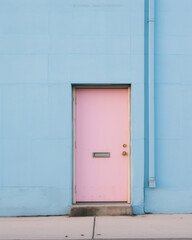 A pink door on a blue building. Minimalistc style. Pop culture. Pop art concept.
