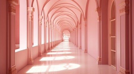 Pastel pink hallway medieval aesthetic background. Romantic concept. Beautiful dreamy architecture.