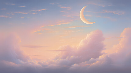 Obraz na płótnie Canvas A peaceful pastel sky gently cradling a luminous, crescent moon amidst the clouds Ai Generative