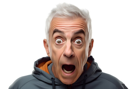 Surprised gray-haired Caucasian man on white background. Neural network generated image. Not based on any actual person or scene.