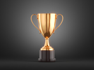 First place gold trophy cup on dark background with backlight. 3d render - obrazy, fototapety, plakaty