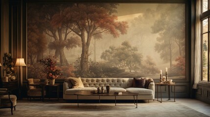 A mural wall design with a hand-painted artwork or a large-scale photograph. The mural wall becomes a statement piece and adds a unique and personal touch to the room.  - obrazy, fototapety, plakaty
