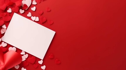 Beautiful top view of empty greeting card for valentines on red -