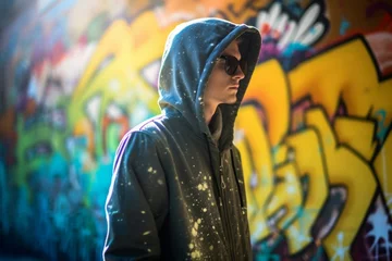 Fotobehang Young hood jacket graffiti. Modern style cool street man. Generate Ai © nsit0108