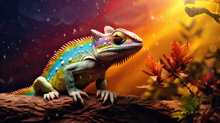 A peaceful moment of a chameleon basking under a radiant, fantastical rainbow  Ai Generative

