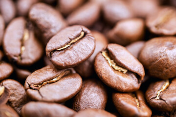 Brown roasted coffee beans, seeds on a dark background. Espresso dark, aroma, black caffeine drink. Close up of isolated energy mocha cappuccino ingredient.