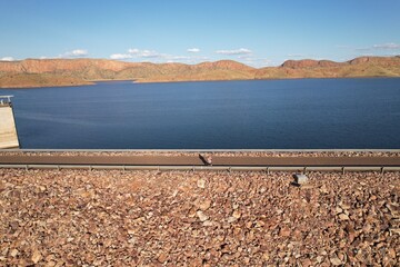 Aerial drone photo of Lake Argyle dam wall and water