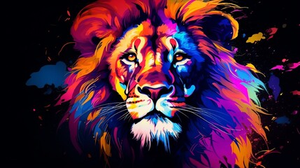 Obraz premium Lion portrait featuring vibrant colorful artistic fur patterns set against a deep black background for bold commercial design projects.