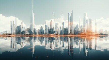 A futuristic, minimalist cityscape with striking reflections and unique architecture, all in high-resolution