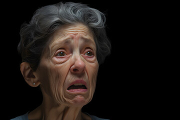 Sad crying Caucasian woman portrait on black background. Neural network generated photorealistic image. Not based on any actual person or scene.