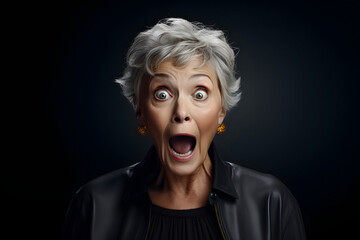 Surprised gray-haired Caucasian woman on black background. Neural network generated image. Not based on any actual person or scene.