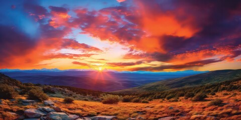 A sunset panorama, capturing the vivid hues of the sky as the sun sets, casting a warm and enchanting glow over the landscape.