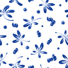 Fototapeta na wymiar Floral seamless pattern from hand drawn blue colored chestnut tree leaves and nuts on a white background
