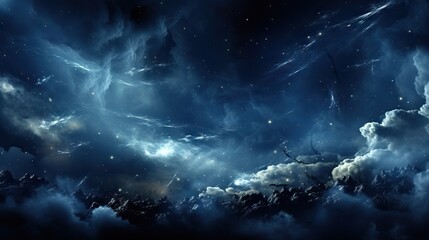 A fantasy night sky with swirling clouds, stars, and cosmic light over an ethereal mountain landscape