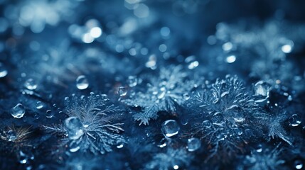 Intricate ice crystals and droplets, a mesmerizing macro shot of winter's delicate touch