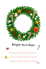 クリスマスリースのクリスマスカード  シンプルでおしゃれなイラスト 手書きタッチ 