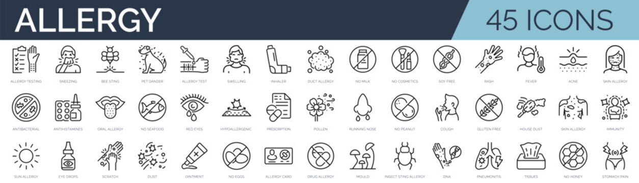 Set of outline icons related to allergy. Linear icon collection. Editable stroke. Vector illustration
