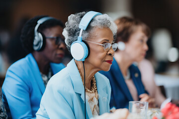 Graceful senior woman in a blue suit listens to music on headphones at a social event