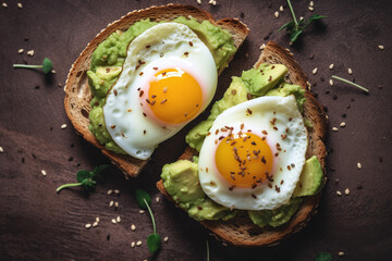 Top view of healthy breakfast toast with avocado and egg - obrazy, fototapety, plakaty