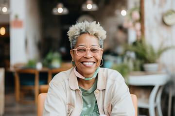 Portrait of a happy senior woman with trendy glasses smiling at a cafe
