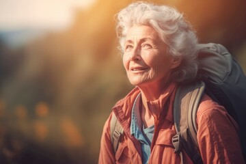 Senior woman hiking at sunset. Forest adventure walk trekking active. Generate Ai - obrazy, fototapety, plakaty
