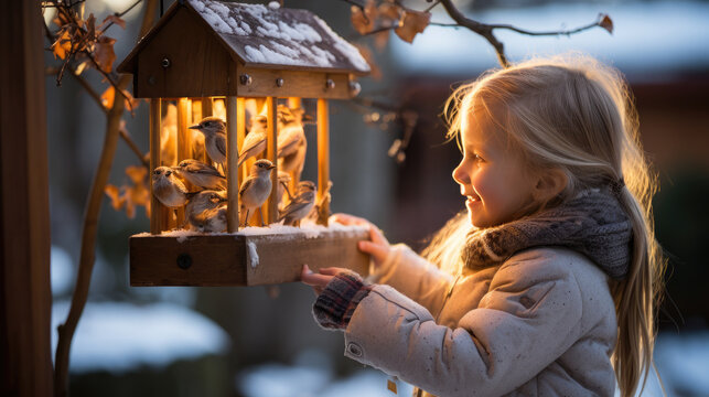little girl in winter clothes hangs a bird feeder on a tree on a snowy day, Christmas, New Year, child, kid, childhood, postcard, animal care, emotional portrait, hat, light, smile, toddler, wood