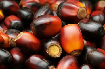 Obraz premium Oil palm seeds background. Agriculture nature fruit heap raw. Generate Ai