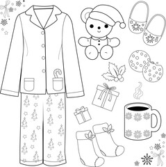 Christmas morning collection with pajamas, hot cocoa and gifts. Vector black and white coloring page.