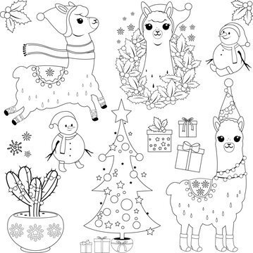 Cute llamas in Christmas costumes, Christmas tree, presents and other Christmas objects. Vector black and white coloring page.