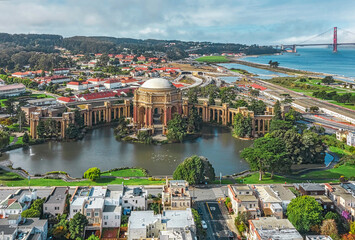 Daytime aerial photo of the Palace of Fine Arts, in San Francisco, California, USA. The Golden Gate...