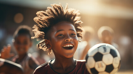 African boy playing soccer.  - obrazy, fototapety, plakaty