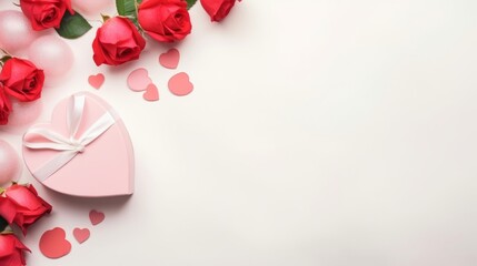 Valentines day flat lay - roses, gifts and hearts on a light color background with a copy space. AI generative