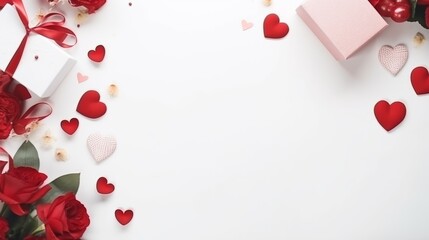 Valentines day flat lay - roses, gifts and hearts on a light color background with a copy space. AI generative