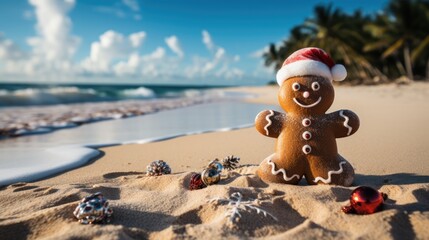 gingerbread man in red Santa hat on tropical sandy beach celebrating Christmas