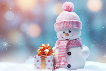 Happy cute smiling snowman with a birthday gift, christmas present, in winter landscape wearing pink knitted scarf and hat. Joyful banner for greeting or invitation card. Blurred bokeh background.
