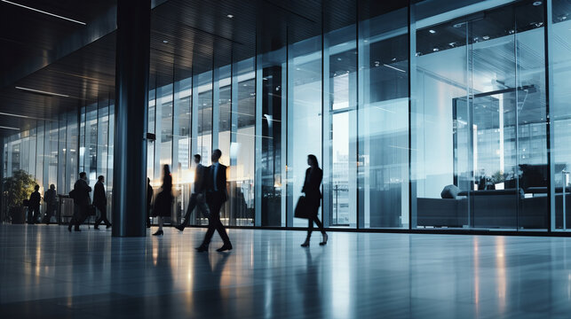 Blurred business people walking fast indoors