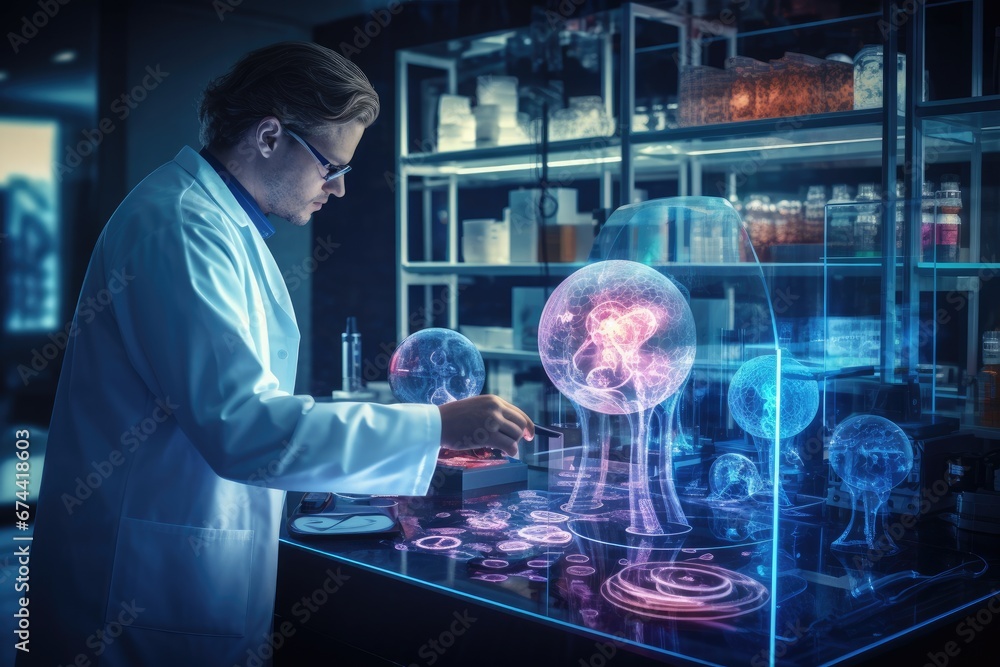 Poster scientist working with science experiments in laboratory. 3d rendering double exposure, medical heal