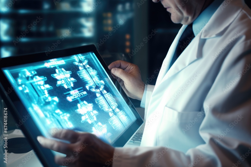 Poster scientist working with tablet computer in laboratory, science and technology concept, medicine docto