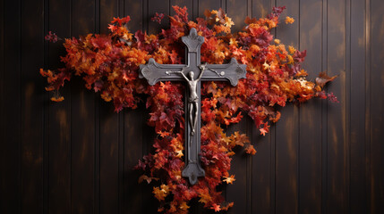 Wood Christian cross with border of leaves on a dark wood background with copy space