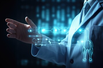 Close up of scientist hand touching icon of media screen. Mixed media, Medical technology concept. Doctor hand working with modern computer interface as medical network concept, AI Generated