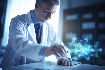 Serious mature doctor working with tablet computer in medical office. 3D rendering, Medical technology concept. Doctor hand working with modern computer interface as medical network, AI Generated