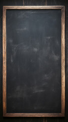 Black old empty chalkboard with wooden frame. School and education concept. Blank smeared surface. Blackboard background.
