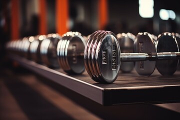 Dumbbells in a fitness room. Selective focus, Metal dumbbells lying on the gym fitness club, AI Generated