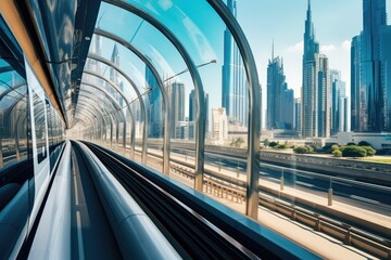 Dubai Metro as world's longest fully automated metro network, Metro railway among among glass skyscrapers in Dubai. Traffic on street in Dubai, AI Generated - obrazy, fototapety, plakaty
