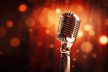 Retro microphone on stage with bokeh background. Music concept, Microphone for singer music background with spot lighting, AI Generated