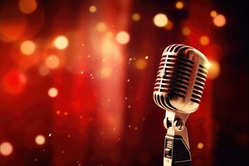 Retro microphone on stage with bokeh background, close up, Microphone for singer music background...