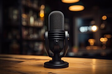 Microphone on a wooden table in a pub or restaurant with a blurred background, Mini desktop mic for...