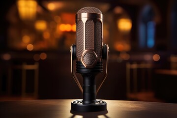 Vintage microphone on the table in front of a glowing background, Mini desktop mic for gaming, AI...