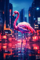 Pink flamingo on a street in city. Night cityscape, blurred bokeh background in neon colors. Travel and retro 90s concept.