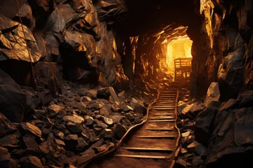 Foto op Canvas Interior of a mine with a wooden staircase leading to the light, mining gold in space, AI Generated © Iftikhar alam